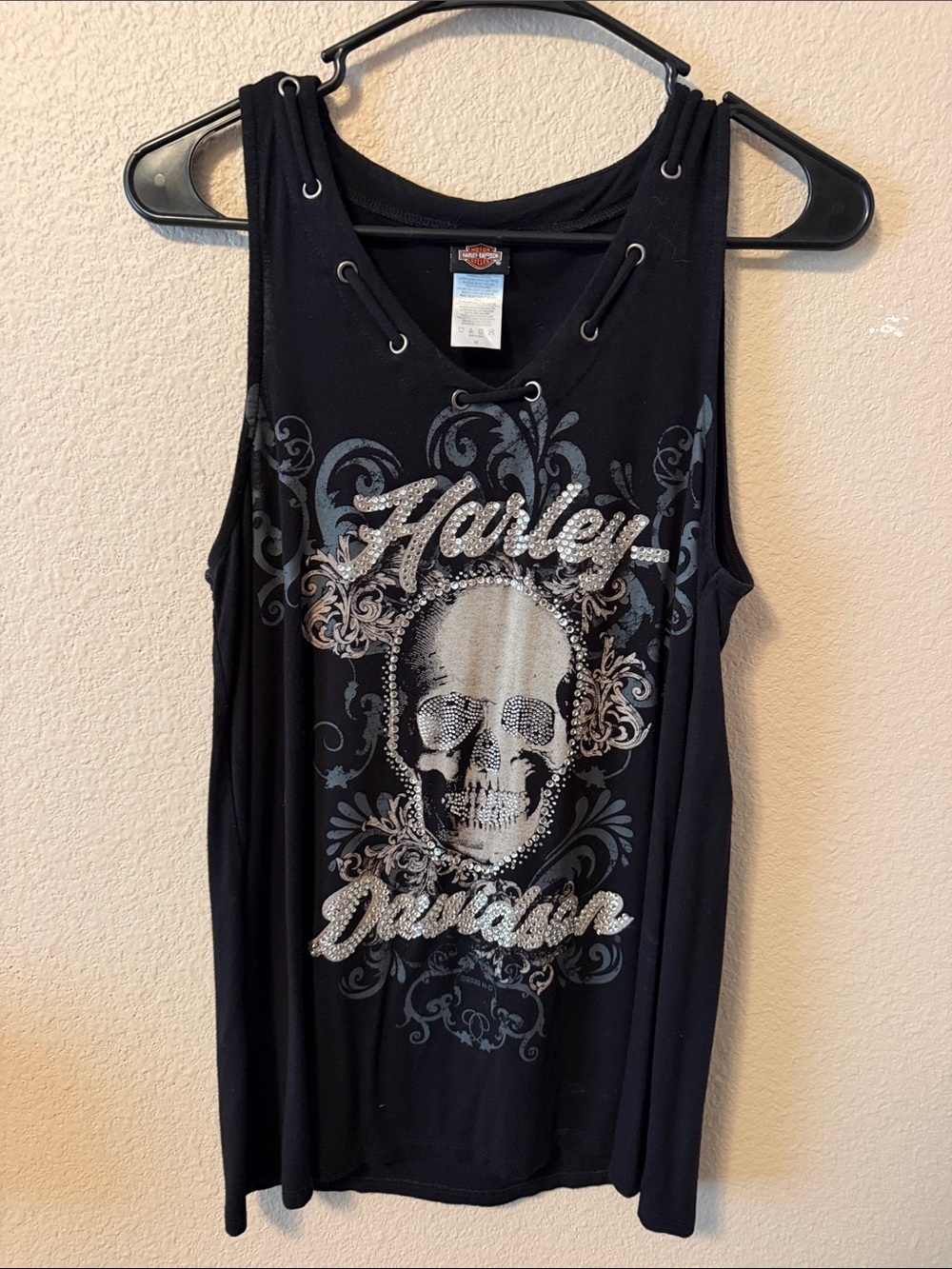 Harley-Davidson Black Tank with Rhinestone Skull and Lace-Up Neck